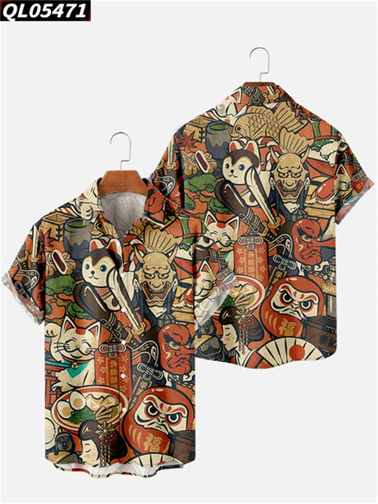 

Мужская Повседневная рубашка в японском стиле Харадзюку, рубашка в стиле ретро с короткими рукавами, дизайнерская Модная рубашка с отложным воротником и пуговицами, весна-лето