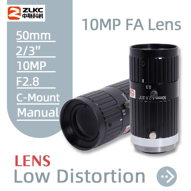 ZLKC Low Distortion Lens 50mm 10MP 200lp/mm FA C Mount Industrial Lenses Machine Vision Mini Camera Low Light Manual Iris CCTV