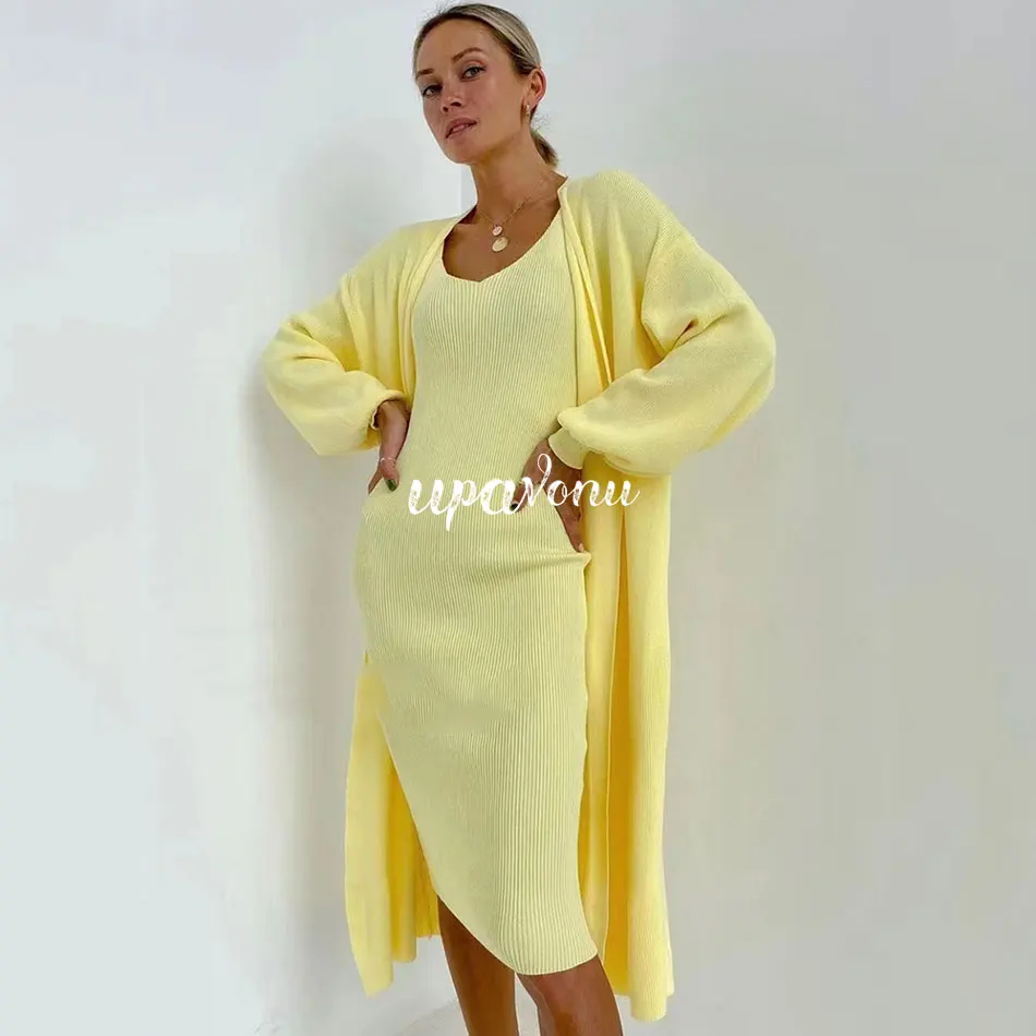 Free Shipping Casual Knit Sling Dress Set V-neck Long Sleeve Loose Long Cardigan Jacket & Midi Dress Two-piece Set 2021 Autumn free shipping 50pcs lot new blank sublimation neck gaiter 24 49cm face scarf face mask for sublimation ink print