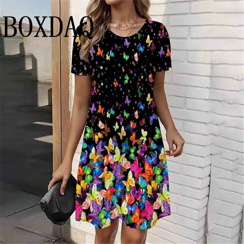 3D Butterfly Print Dress For Summer Women Party O-Neck Short Sleeve ...