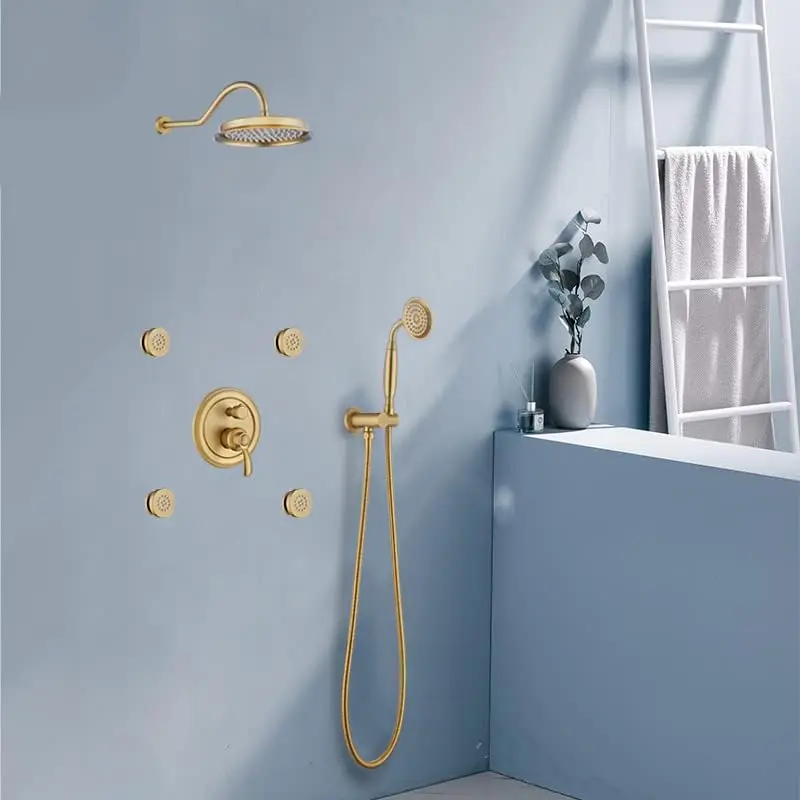 

Antique Shower Faucet-Sets Fixtures: 9 inch Wall Rain Head with Handheld and Body Jets, 3 Way Diverter Rough in Valve System