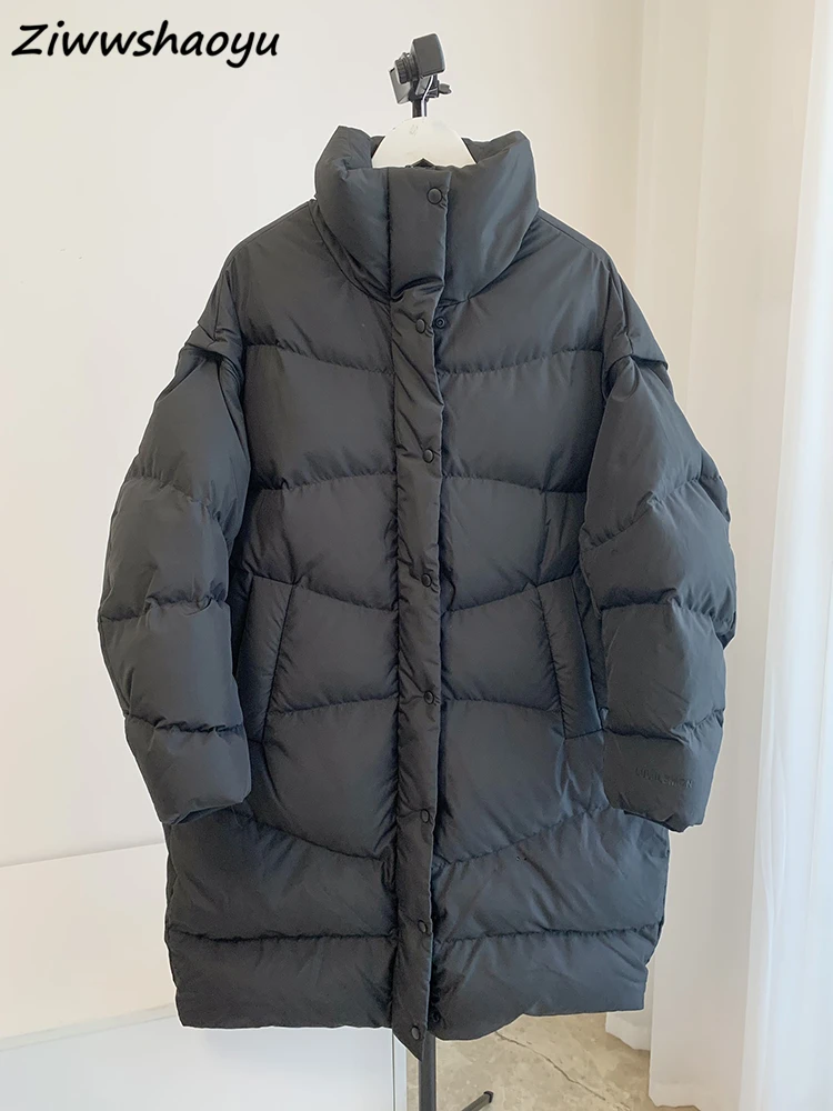 

High Quality Autumn Winter Women Fashion Runway Designer Lantern Long Sleeve Solid Color Printed Patchwork Pocket Down Jacket