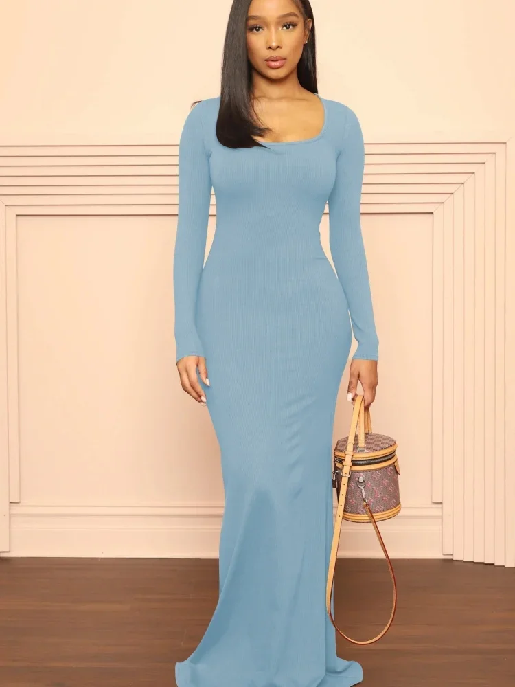 Wmstar Dress Women Autumn New Solid Color Fashionable Slim Fit U-neck Long Sleeved Ribbed Pit Stripe Dresses Dropshipping 2024