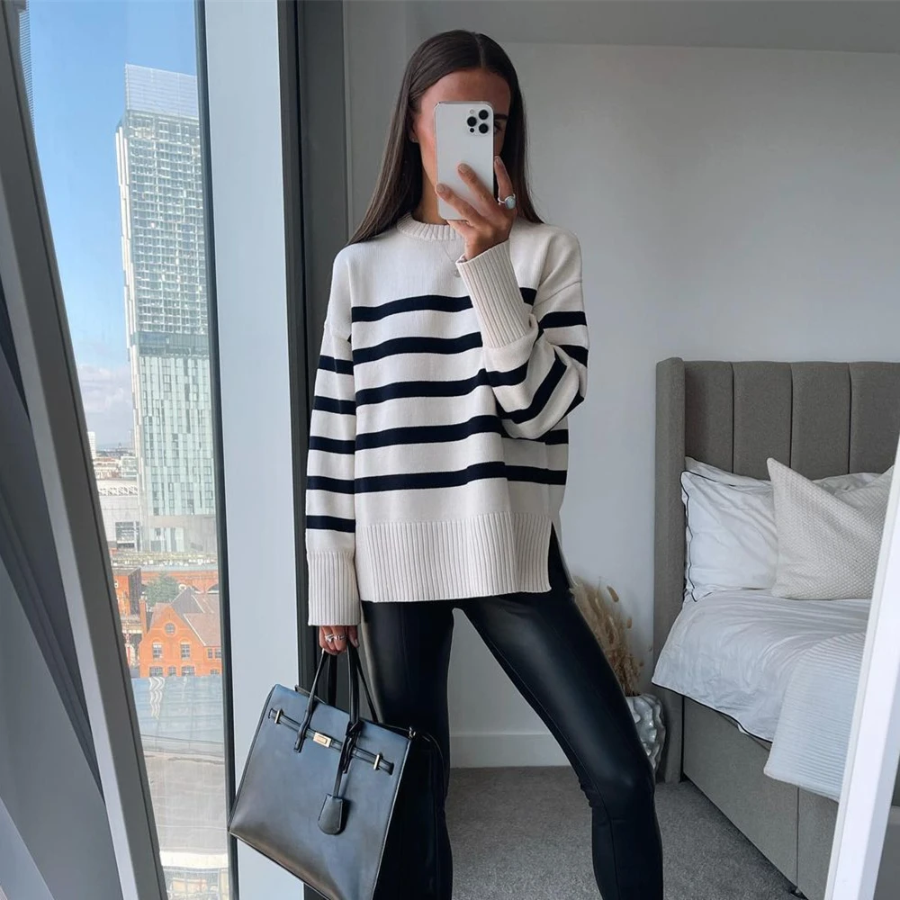 Casual Oversized Striped Pullovers Women Knitted Basic Autumn