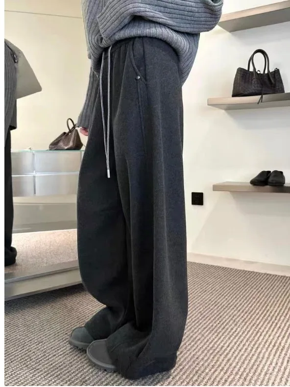 Winter Faion Wide Leg Elastic Waist Dstring Women's Casual Pants Fce Lined High Waist Warm Trousers Korean Sle