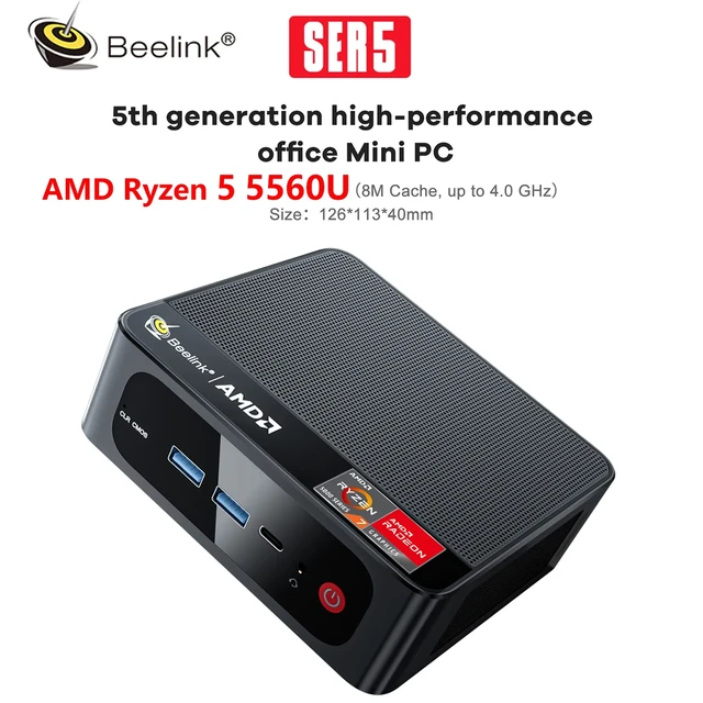 Beelink SER5 Mini PC, Mini Computers with AMD Ryzen 5 5560U, 6C/12T, 16G  DDR4+500GB NVMe M.2 2280 SSD, 1000Mbps, WiFi 6, BT 5.2, DP, HDMI, Type-C