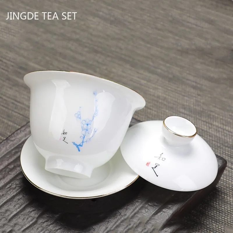 Chinese Dehua Ceramic Gaiwan with Cover Teacup Mutton Fat Jade White Porcelain Tea Bowl Household Tea Set Hand Grab Pot 170ml