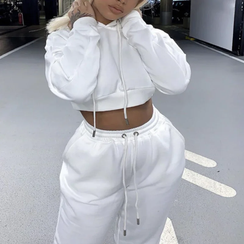 2021 Autumn and Winter New Women's Two-piece Solid Color Hooded Long-sleeved Sweater Fleece Sports Fashion Trousers Casual Suit