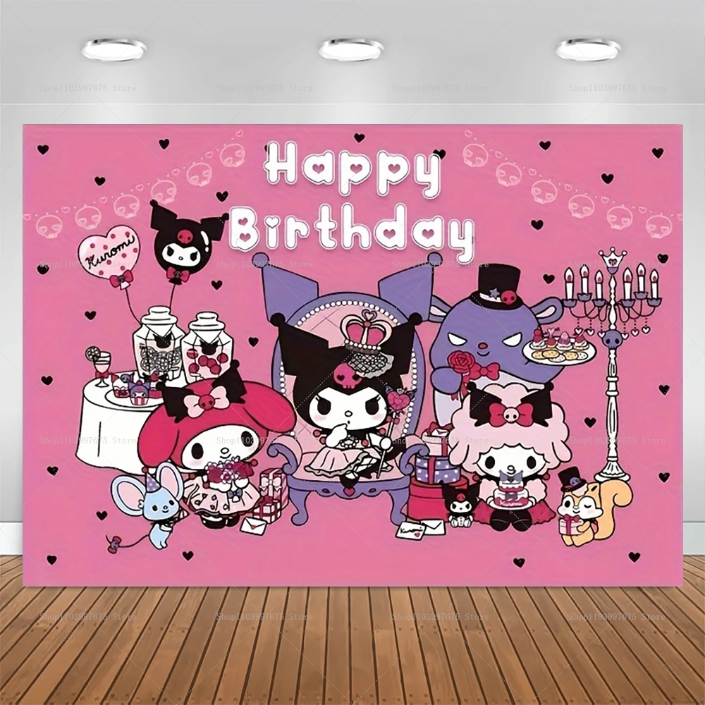 Description Picture 5 of itemCartoon Kuromi Photography Backdrop Kids Birthday Party Cake Table Decor Photo Background Party Banner Supplies Photo Studio