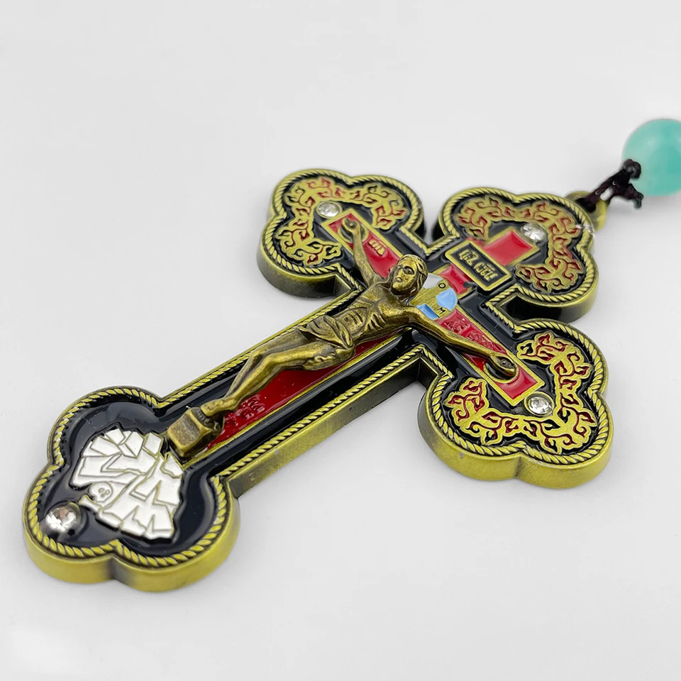 Collana Con Ciondolo Croce Gesù Rosario In Taglio Diamante - Placcata Oro Bianco 24 Pollici