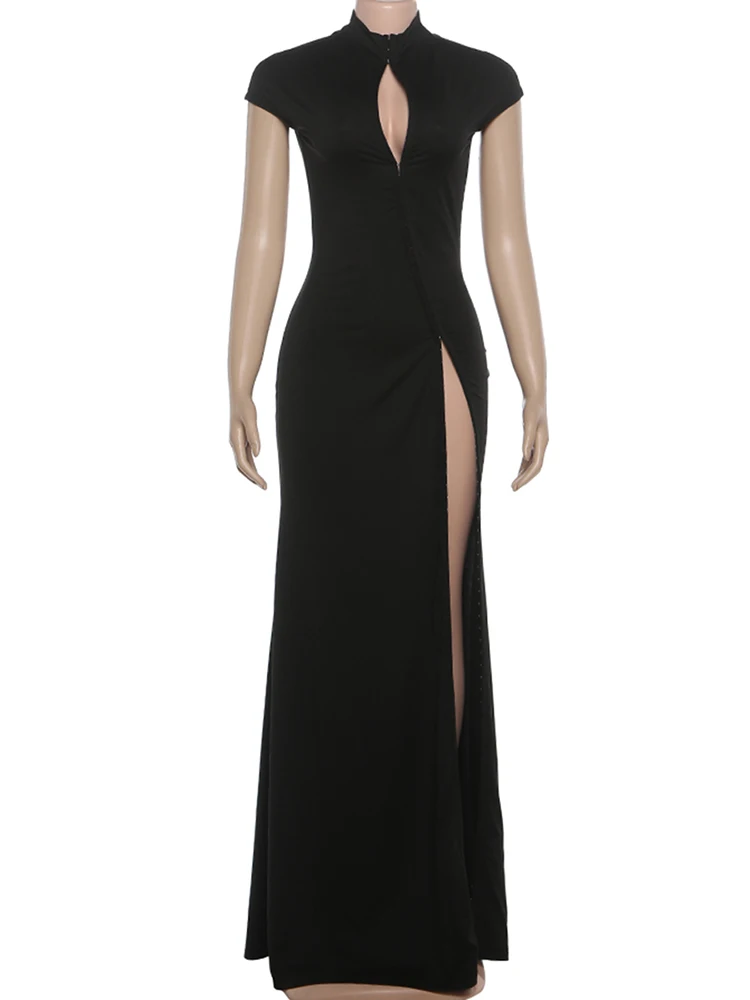 Nibber Half Turtleneck Maxi Dress Women Short-Sleeve Single-Breasted Hidden Buttons Skinny Fashion Sexy Midnight Chic Vestidos