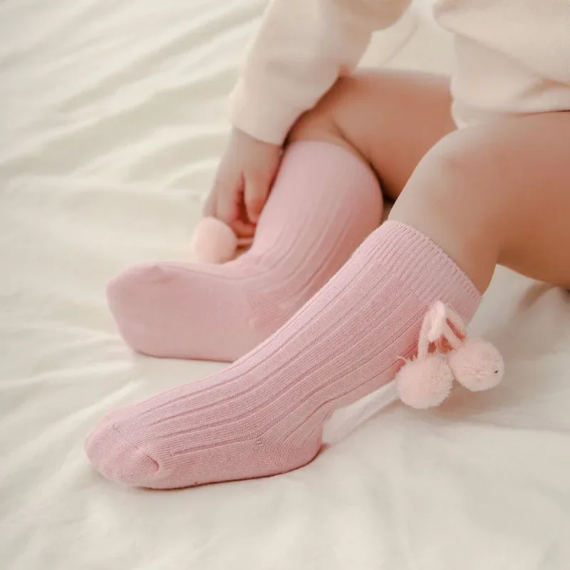 Autumn Winter Warm Baby Knee High Stockings Cotton British Princess Long Bow Pom Tube Socks for Girls Leggings Clothes Stuff