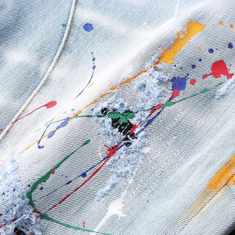 Newly Summer Fashion Men Jeans Retro Light Blue Elastic Spliced Designer Short Ripped Jeans Painted Hip Hop Denim Shorts Men