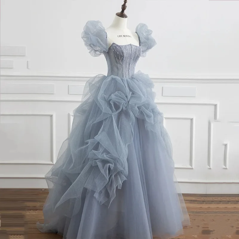 

Blue Beads Short Sleeve Evening Gowns Lace Ball Gown Fairy Party Dress Lovely Princess Shirt Vestidos De Noche For Party Prom