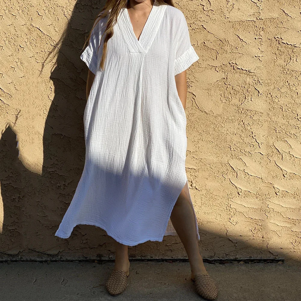 

Night Dress Beach Cover Ups for Swimwear Solid Kaftans Wrinkle Rayon Bohemian Maxi Dresses Swimwear Bathing Suits Home Wear