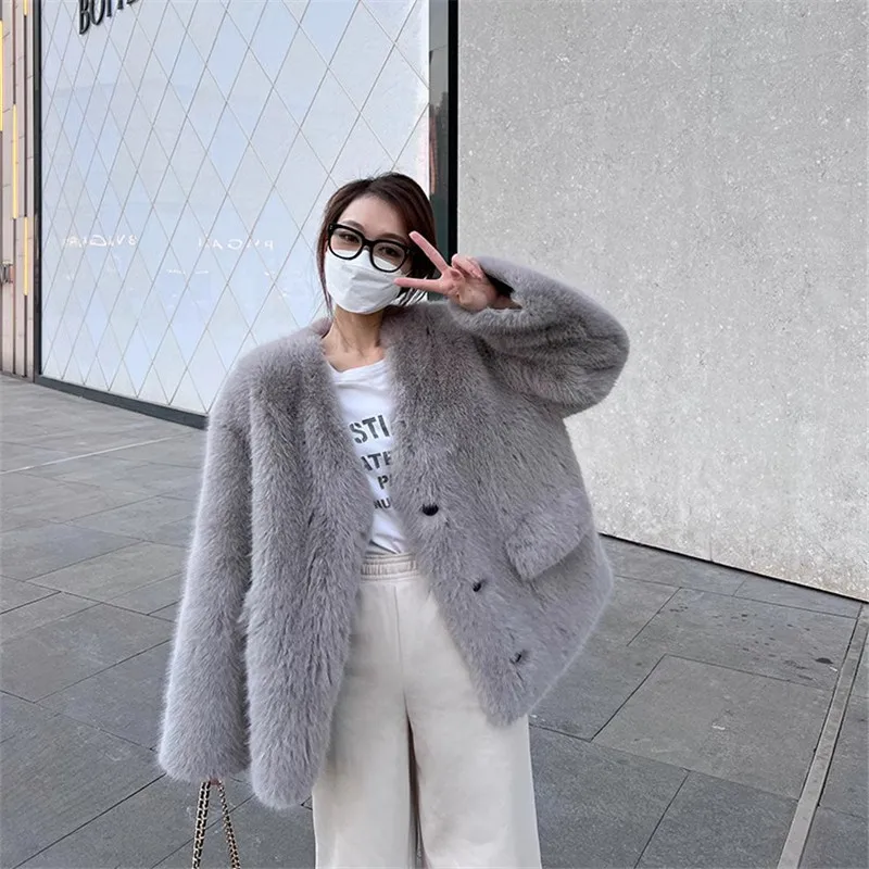 

Winter Women Short Imitation Fox Fur Jacket Casual V-neck Single-breasted Long Sleeve Female Warm Faux Fur Coat Gray Camel Color