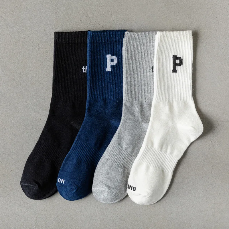 

P Letter Socks Women's Tube Socks Wear Tide Gray High Tube Men's Sports Stockings Pure Cotton Autumn and Winter Net Red Style