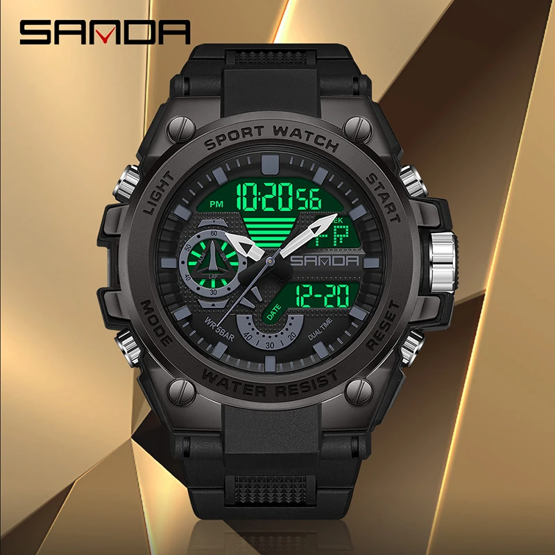 SANDA 3302 Luxury Shockproof Waterproof Sports Mens Wristwatches LED Dual Display Digital Quartz Watch for Men Reloj De Hombre