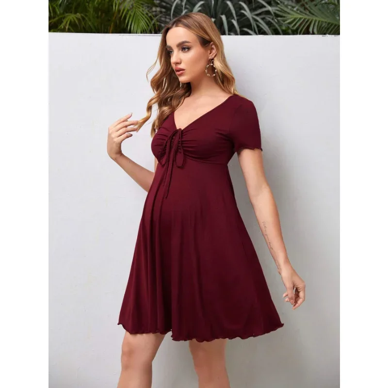 Maternity Dresses Summer Pure Colour V-neck 2