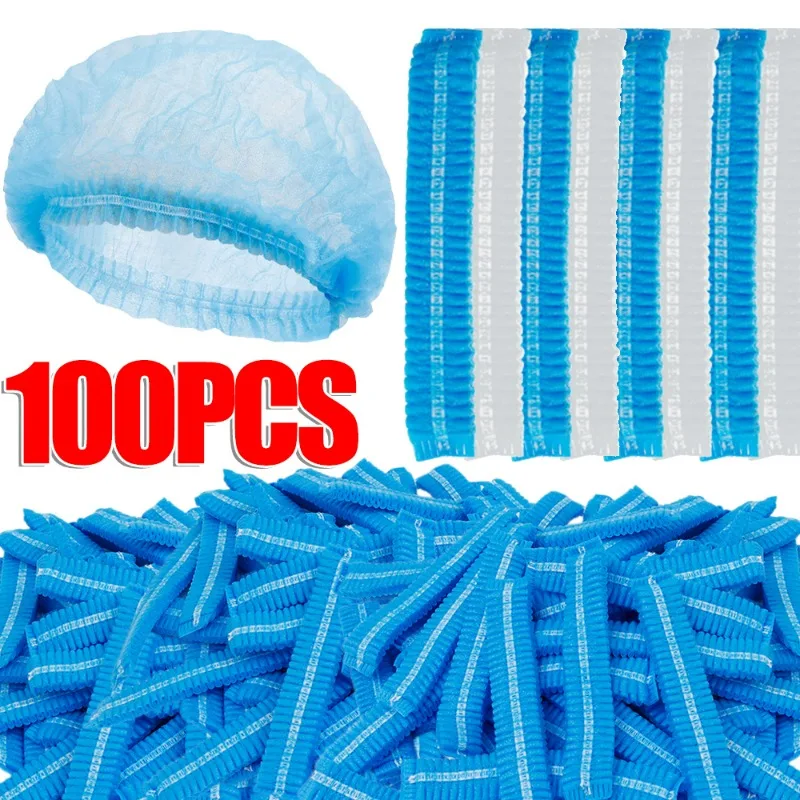 Disposable Hair Cap 100-50pcs Non Woven Fabric Head Cover Disposable Stretch Net Hair Hat Bouffant Caps Cooking Dust Strip Hat For Kitchen Bathroom