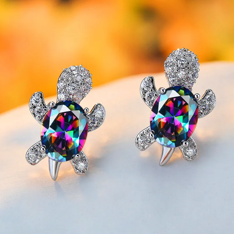 Female Rainbow Small Oval Turtle Crystal Stone Earring Classic Silver Color Wedding Jewelry For Women