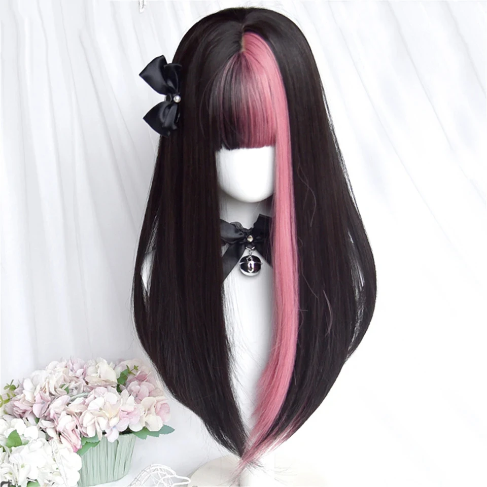 Synthetic Black Pink Hair Highlights Wig For Women Daily Wear
