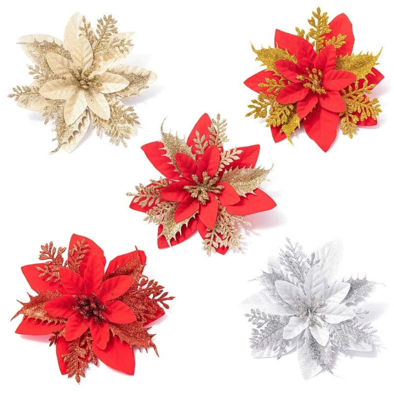 

10 Pieces 14cm Glitter Artificial Christmas Flowers Poinsettia Ornament for Tree Dropship