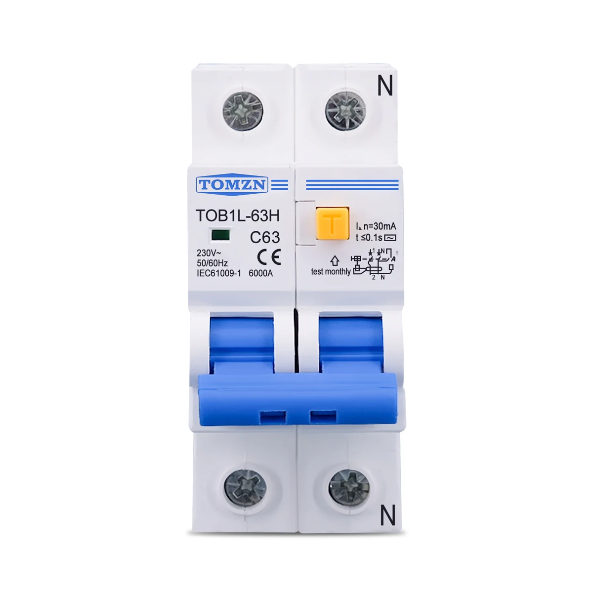 TOMZN TOB1L-63H 2P 63A 230V AC 50Hz/60Hz cut L N Residual current