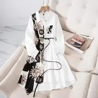 Print Vintage A-Line With Belt Loose Polo Neck Women's Dress Single-Breasted Knee Length Dresses For Women Clothing 2024 Fashion - Image 3