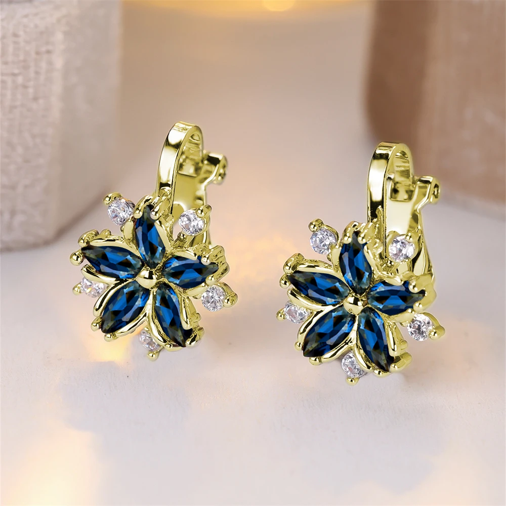 Rainbow Crystal Sakura Clip Earring Multicolor Zircon Star Flower Earrings For Women Vintage Gold Silver Color Wedding Jewelry