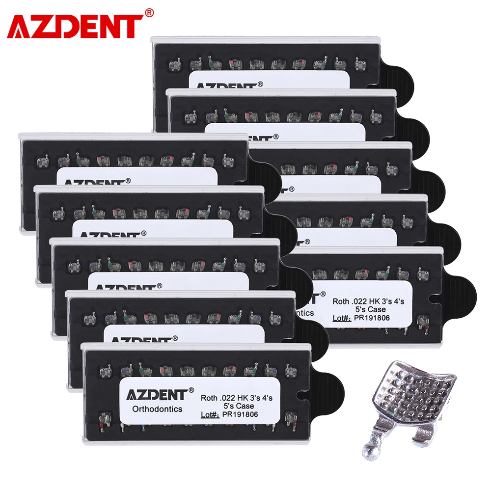 

AZDENT 10 Packs Dental Bracket Orthodontic Braces Metal Mini Roth/MBT 022/018 Hooks 345 MIM Monoblock Dental Materials