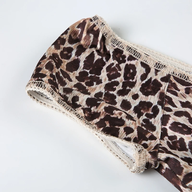 Off Shoulder V Neck Cute Y2K Sexy Leopard Top Tee Brown Vintage Aesthetic Slim Short Women Cropped T ShirtSleeve