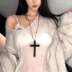 Vintage Y2K Wood Cross Pendant Necklace - Hip Hop Fashion Jewelry Accessory (Black)