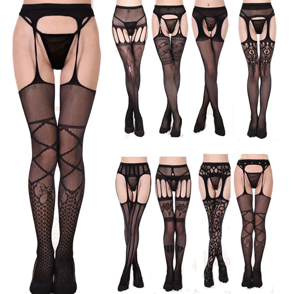 Women Lingerie Sexy Suspender Stocking High Knee Socks Open Crotch Pantyhose Hold On Lady Crotchless Tights Sex Party Lace Erotic For Women