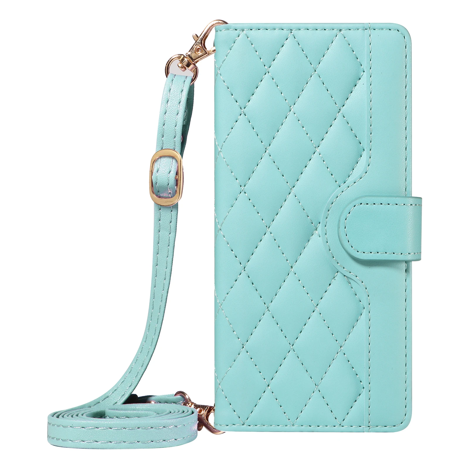 Luxury Rhombus Leather Crossbody Wallet Case with Card Slots and Lanyard