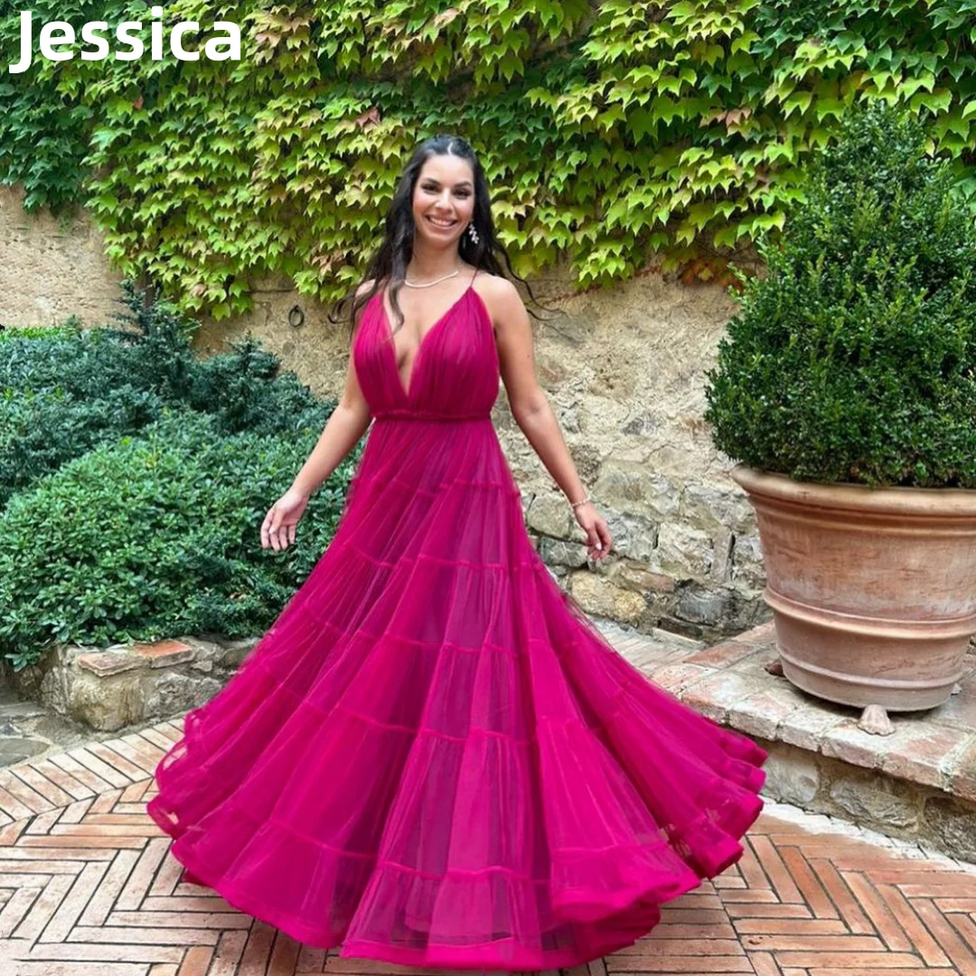 

Jessica Purple Red Prom Dresses Sexy spaghetti Strap V-neck Evening Dress Tulle A-line Formal Occasions Elegant Lady Party Dress