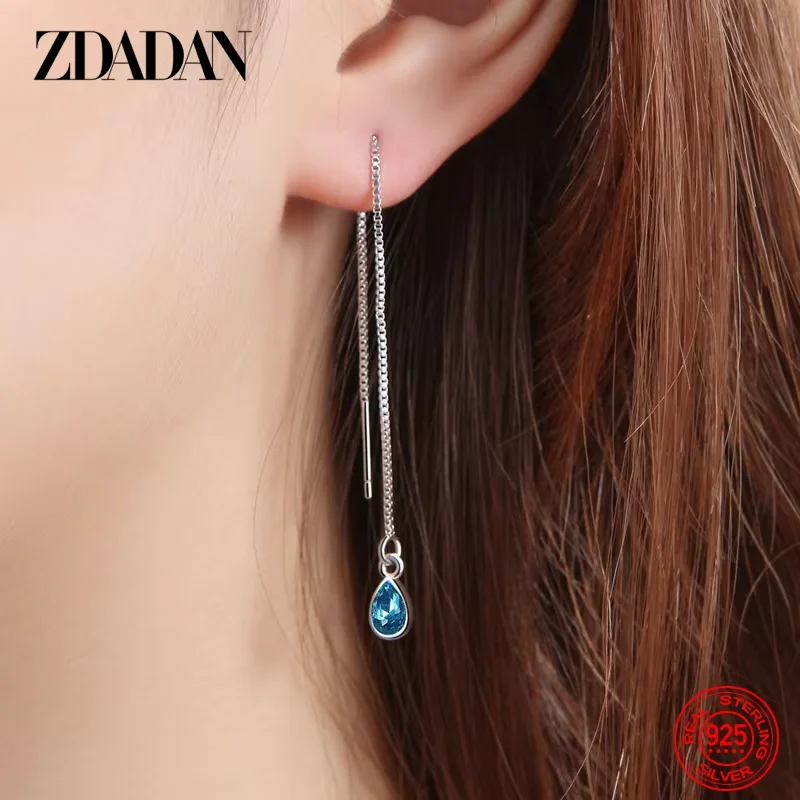 ZDADAN 925 Sterling Silber Blauer Kristall Lange Kette Ohrhänger für Frauen Hochzeitsschmuck – Detail 3