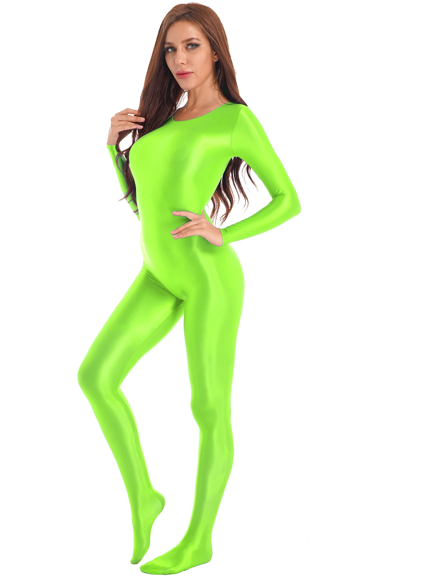 Glossy Sexy Bodystocking Unitard Women Long Sleeve Body Suits One-piece Swimsuit Shiny Tights Sport Bodysuit Ladies Clubwear cosplay costume adult unitard latex lingerie sexy fetish wear