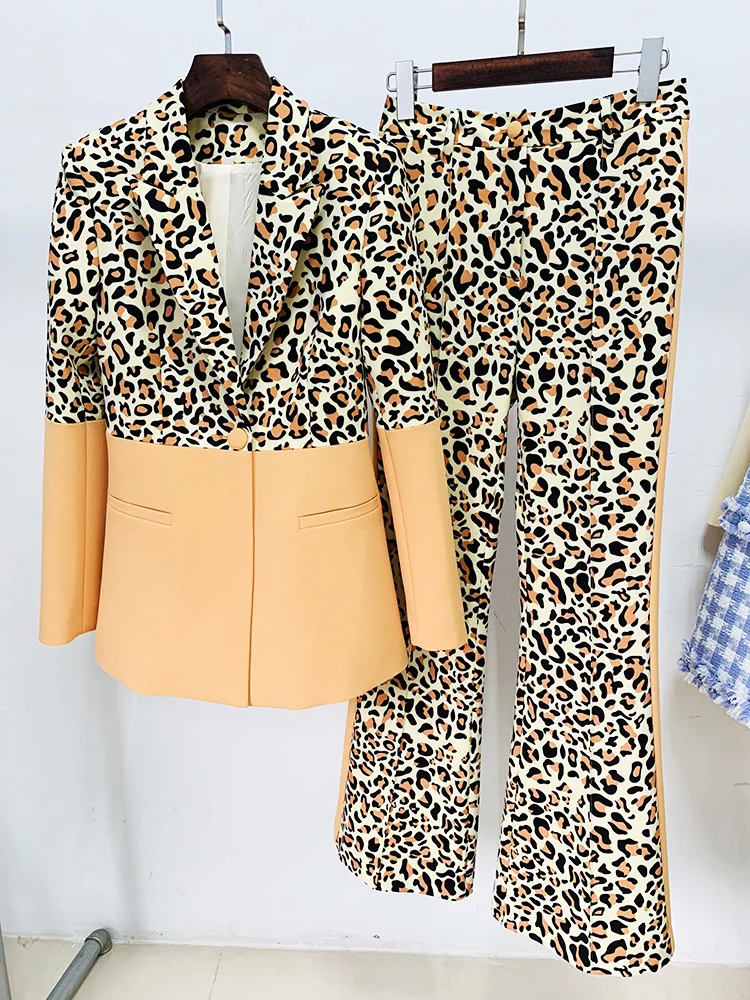 

Fashion Runway Designer High Quality Pants Suit Set Women's Chic Stylish Leopard Printed Color Block Blazer Suit Flare Pants Set