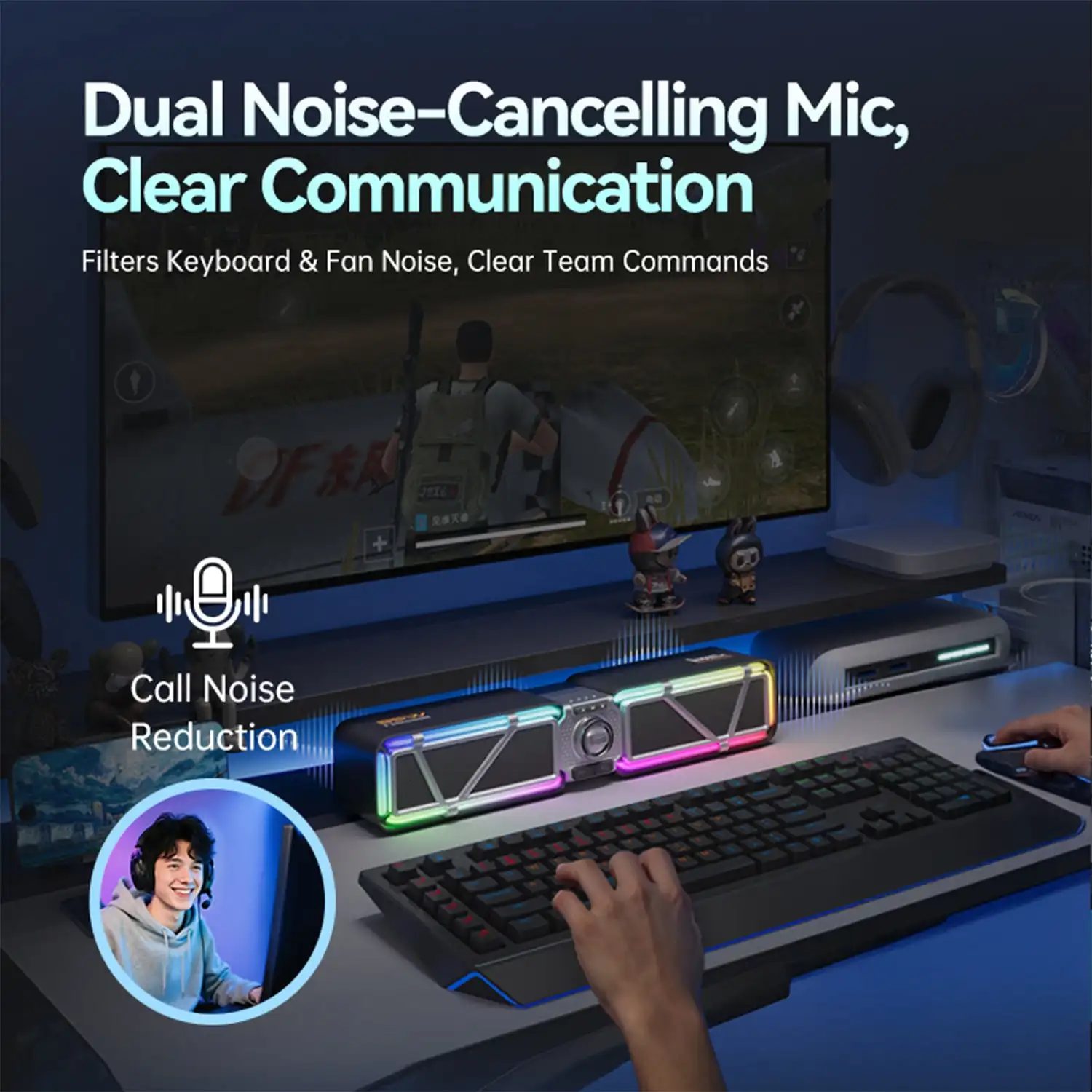 디붐 D-베이스 게이밍 데스크탑 스피커 맞춤형 RGB 조명 효과 24비트 DSP 듀얼 노이즈 캔슬링 마이크