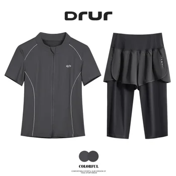 DRUR Workout Yoga Outfit for Women With 2 Piece Short Sleeve Sports Top and Shorts Set Summer Casual Soft Gym Running Tracksuit 1
