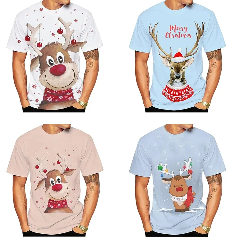 

Christmas Elk Print T Shirt For Men X'mas Harajuku Streetwear Fashion O-neck Short Sleeve Tops Gift Oversized T-shirts Halloween
