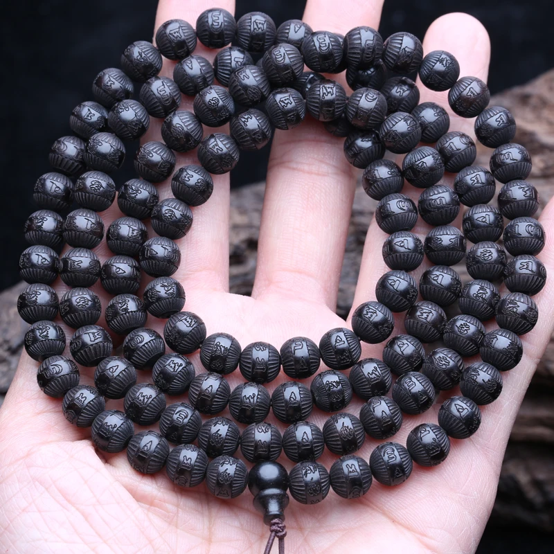 Prayer Wheel Necklace Natural Ebony Tibetan Prayer Turning Wheel Six-Character 8Mm 108 Beads Mara Rosary Beads