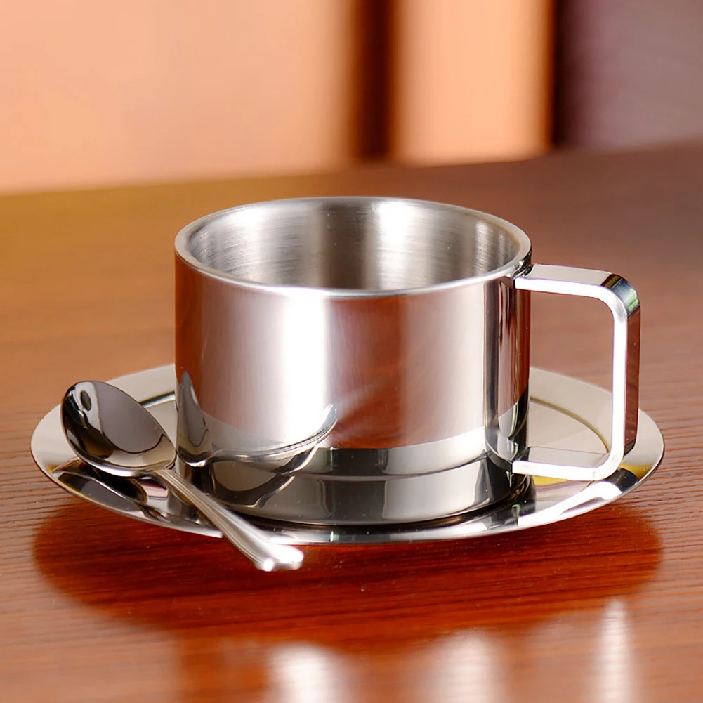 3pcs Stainless Steel Coffee Cup Set Double Walled Heat Resistant Mug with Saucer Spoon Drink Tableware Kitchen Cafe Accessories