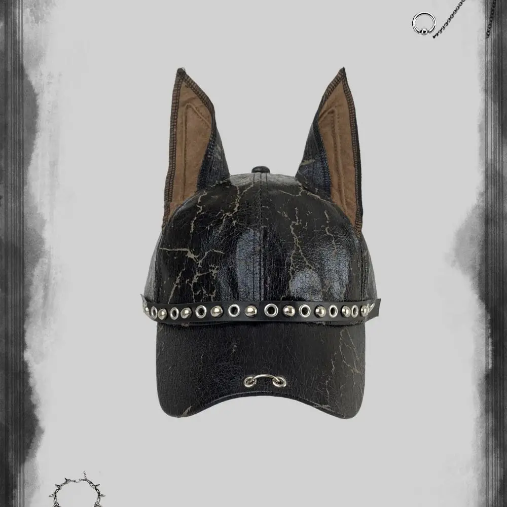 Modische Punk-Dobermann-Ohren Baseballkappen, verstellbare Y2K-Leder-Nietenmützen, PU-Spice-Girl-Sonnenschutz-Hip-Hop-Hüte für Männer und Frauen – Detail 3