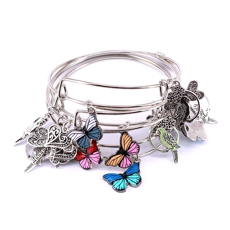 Bangle Bracelet 5pcs Bangle Set Wire Bracelets for Women Girls Jewelry Butterfly Parrot Dragonfly Love Heart Charms