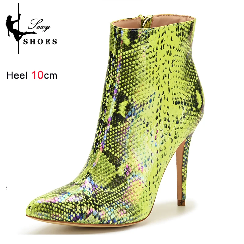 Women's Thin Heel Short Boots Holographic Snake Print Leather Heels Spring Autumn Pointed Ankle Boots Big Size 44 Ladies Shoes