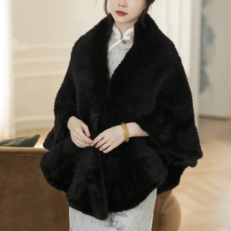 Besfilin 여성용 리얼 밍크 모피, 빅 케이프 하프 라운드 숄, 짠 스카프, 여행 판초, 양면 패션, 가을 및 겨울 따뜻함