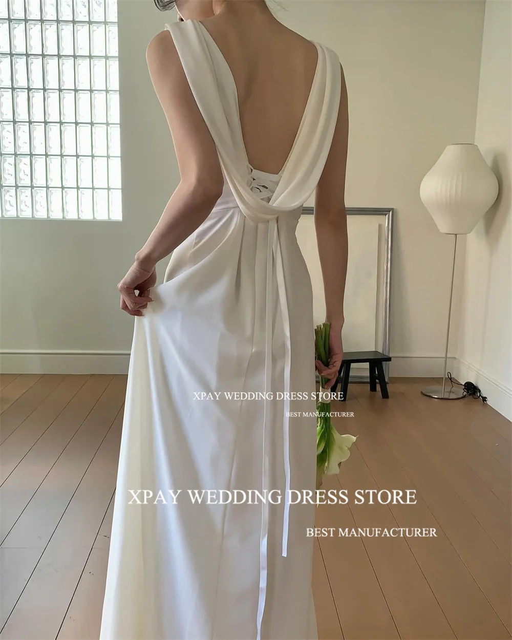 XPAY Elegant Scoop Neck Korea Wedding Party Dresses Cowl Backless Satin Customized Bride Dress Backless Bridal Gown Photos Shoot 3