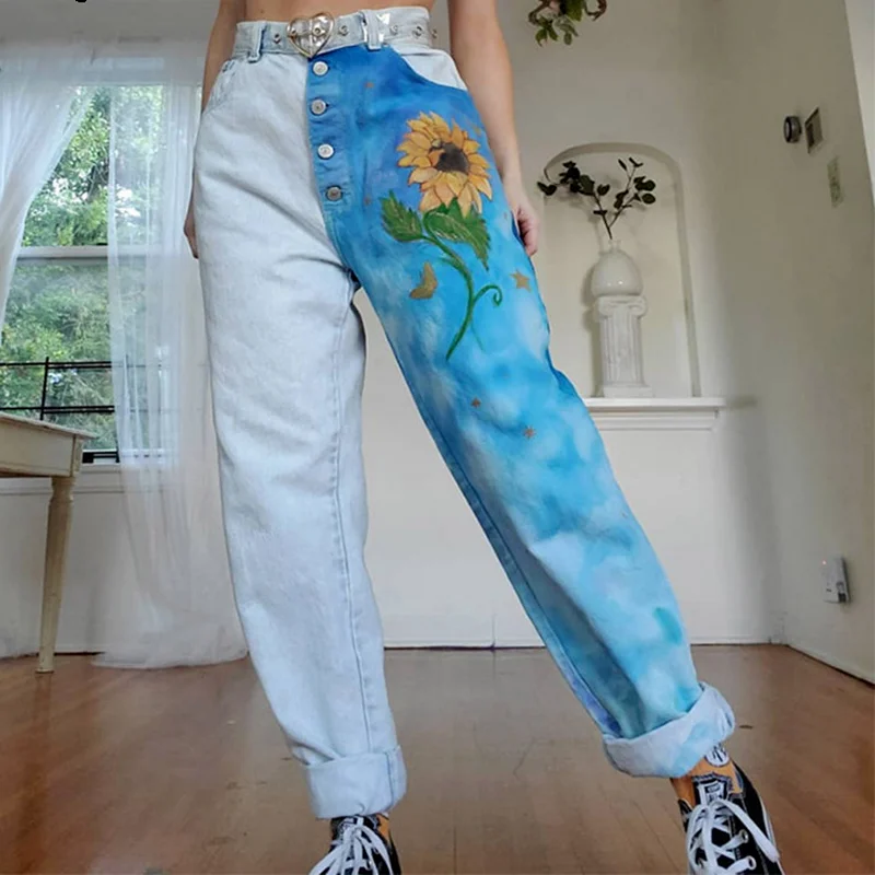 

Women's High-waist Printed Jeans Overalls Fashion Printed Stitching Boyfriend and Mom Loose Jeans Full-length Trousers Y2k Jeans